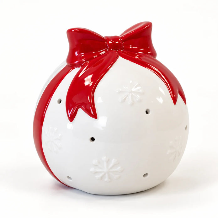 Satchville white Christmas bauble with red bow hanging ornament