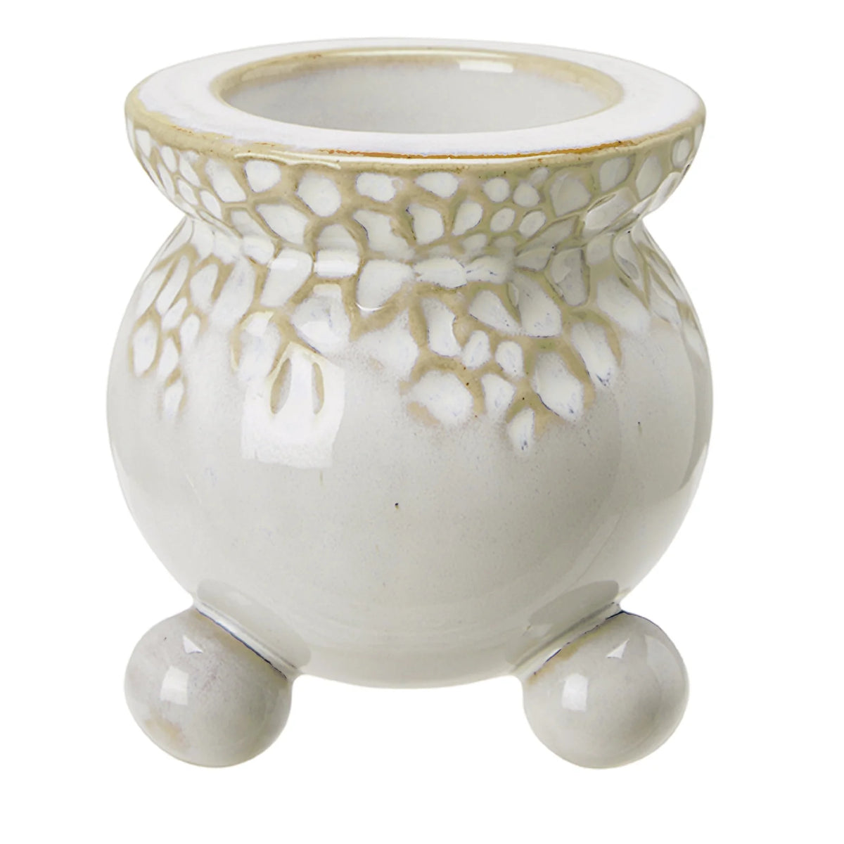 White bobble-footed candle holder with green decorative glaze