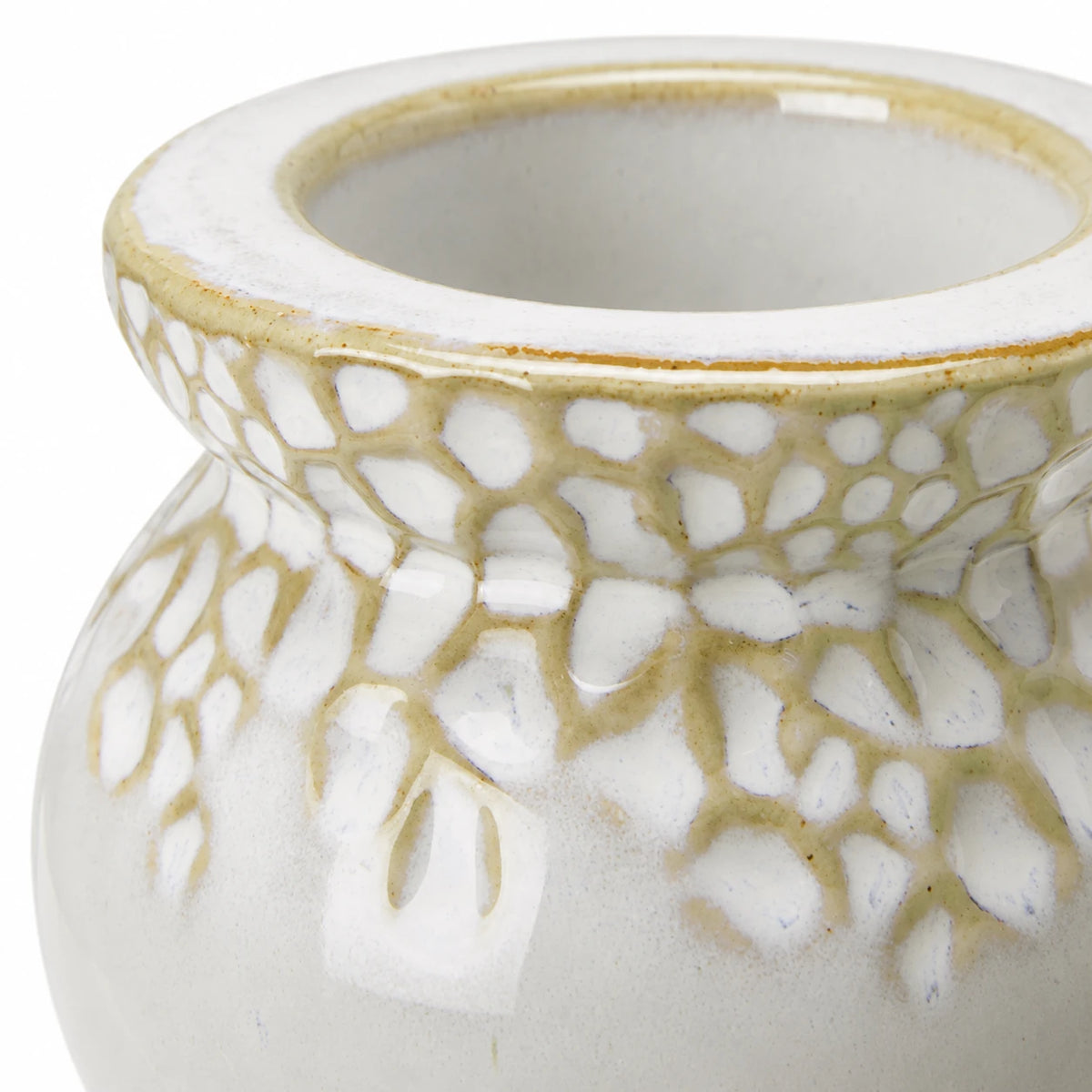 White Bobble Candle Holder — White-background macro detail of rim and mottled glaze