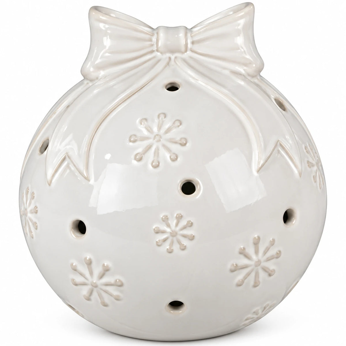 White ceramic Christmas bauble with bow and snowflake detail - large detail