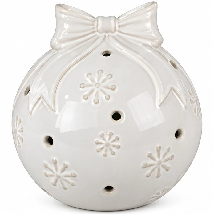 White ceramic Christmas bauble with bow and snowflake detail - large detail