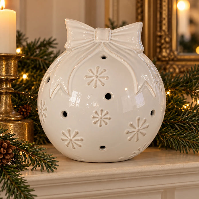 White ceramic Christmas bauble with bow and snowflake detail - large mantel