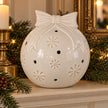 White ceramic Christmas bauble with bow and snowflake detail - large mantel