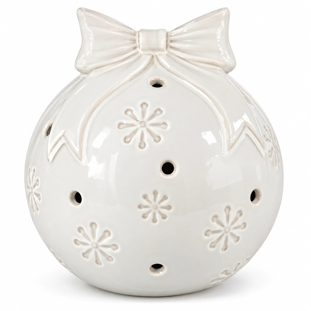 White ceramic Christmas bauble with bow and snowflake detail - large studio
