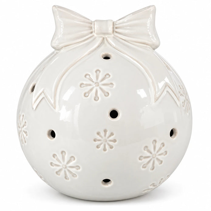 White ceramic Christmas bauble with bow and snowflake detail - large studio