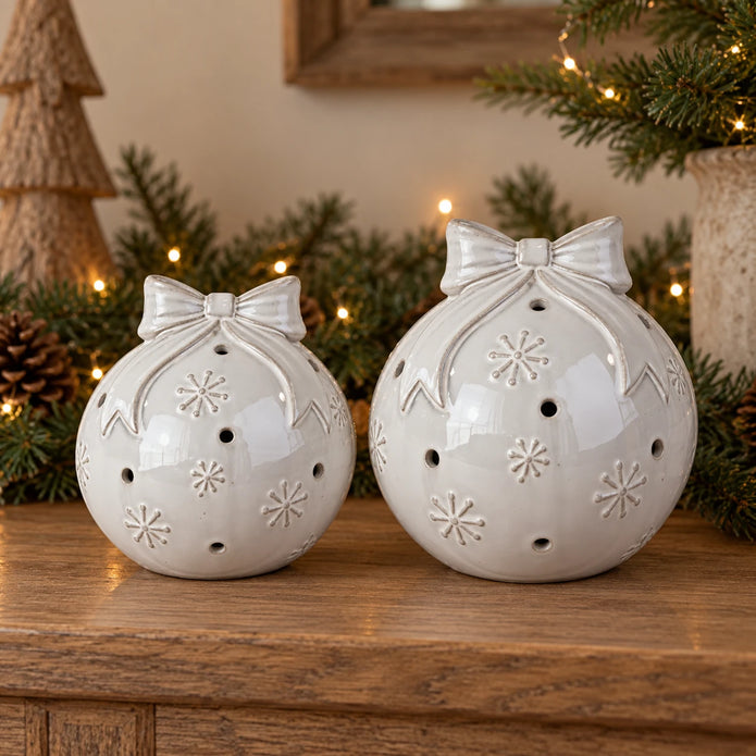White ceramic Christmas bauble with bow and snowflake detail - pair hero