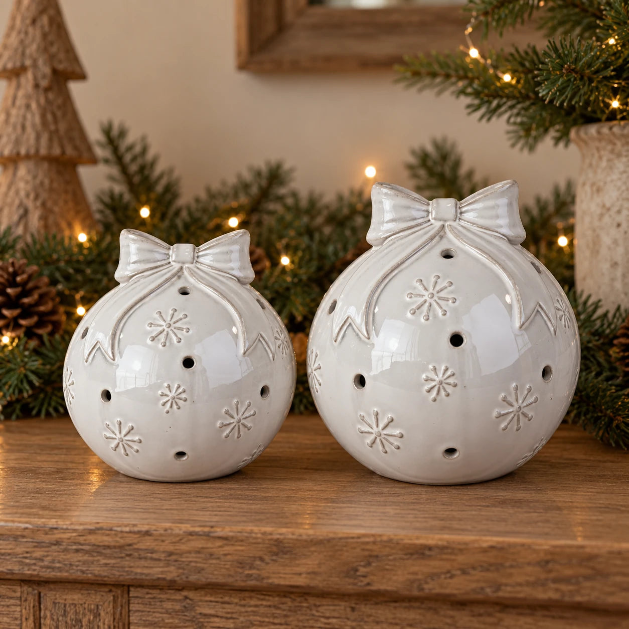 White ceramic Christmas bauble with bow and snowflake detail - pair hero