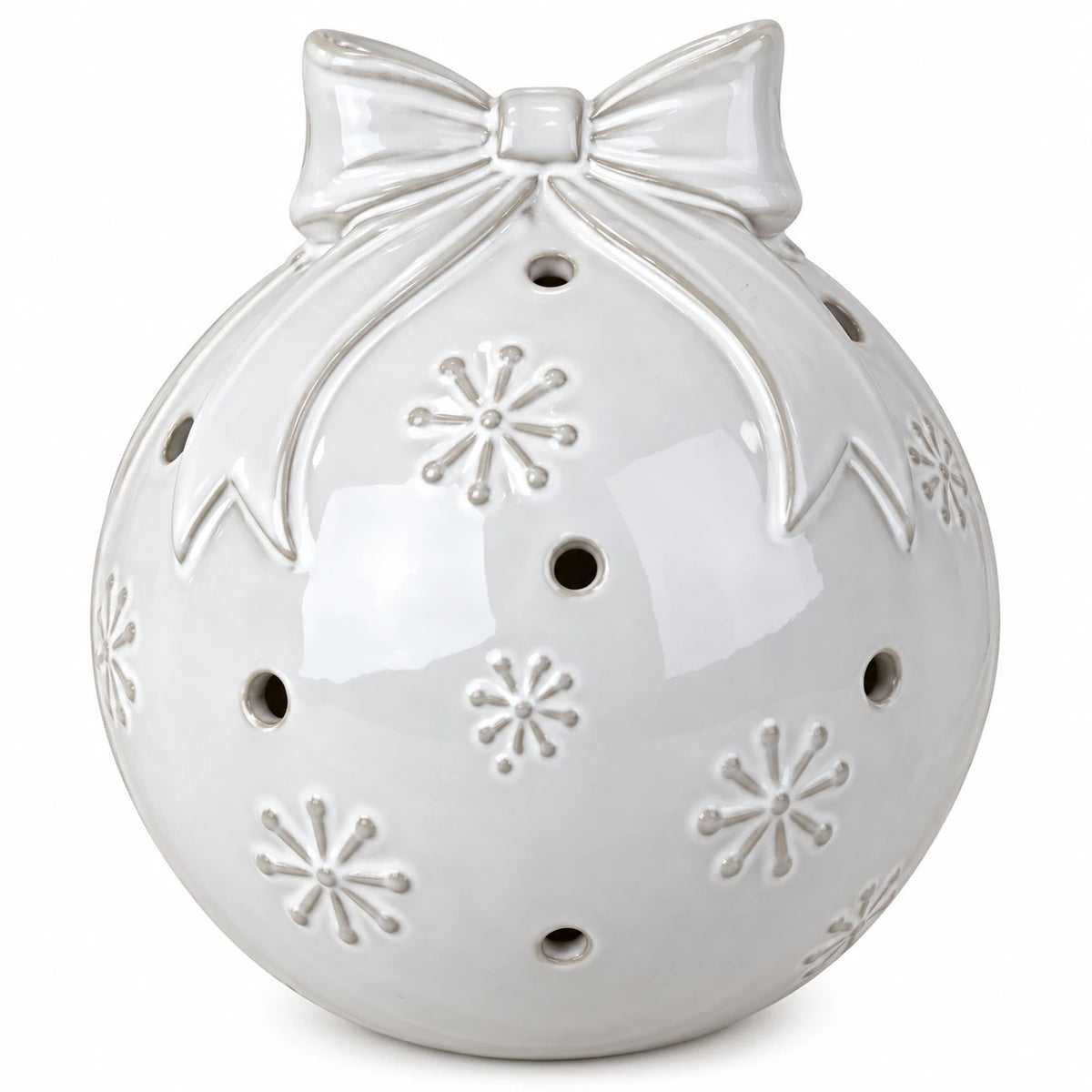 White ceramic Christmas bauble with bow and snowflake detail - small detail