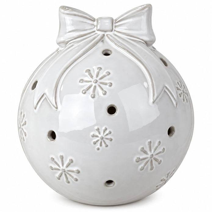 White ceramic Christmas bauble with bow and snowflake detail - small detail