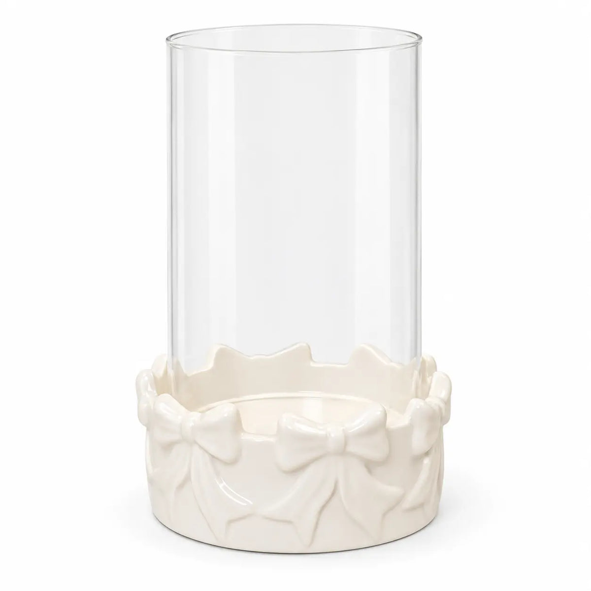 Full white bow hurricane candle holder with clear glass cylinder on a white background