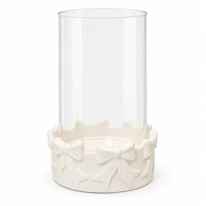 Full white bow hurricane candle holder with clear glass cylinder on a white background