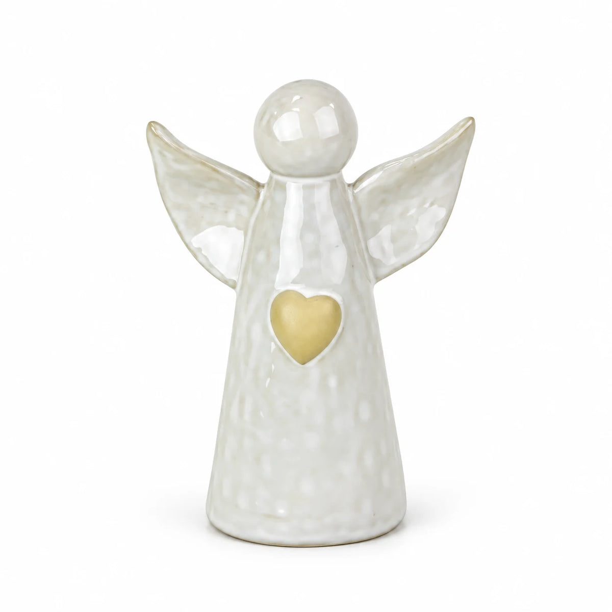 Complete white ceramic angel ornament with upswept wings and pale gold heart, 18cm tall, on a white studio background.