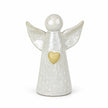 Complete white ceramic angel ornament with upswept wings and pale gold heart, 18cm tall, on a white studio background.