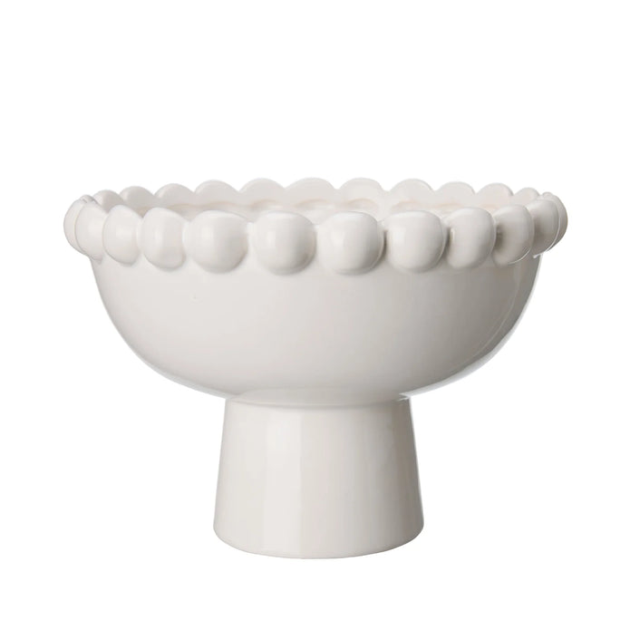 White ceramic footed bowl with a bobble rim