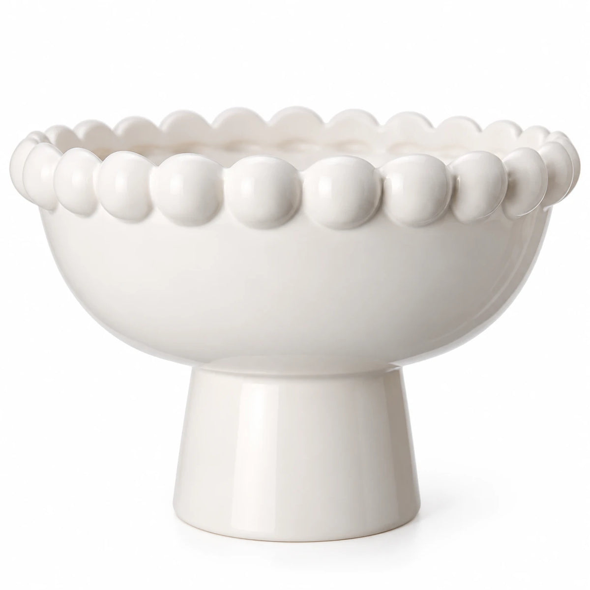 White Ceramic Bobble Footed Bowl — White studio close-up of bobble rim and curved glazed bowl