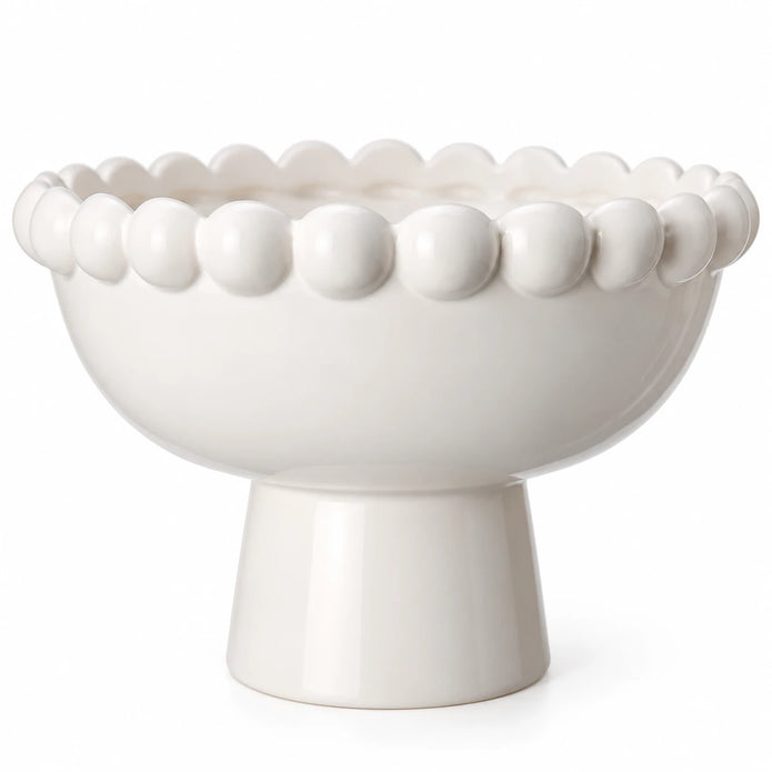 White Ceramic Bobble Footed Bowl — White studio close-up of bobble rim and curved glazed bowl