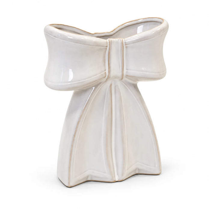 Large white ceramic bow vase, complete empty product on a white background