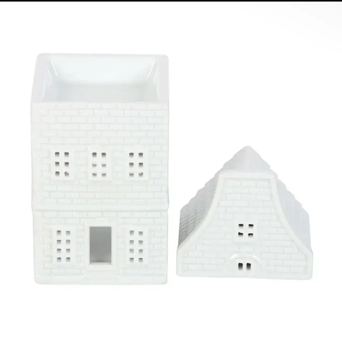 White Ceramic Dutch House Wax Melt Oil Burner, white house burner with the removable roof alongside