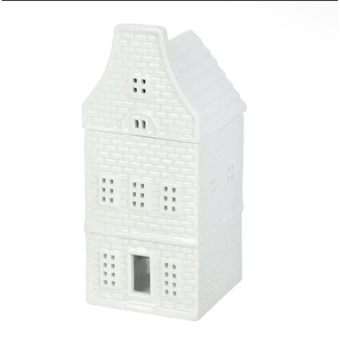White Ceramic Dutch House Wax Melt Oil Burner, white Dutch house wax burner with its roof in place