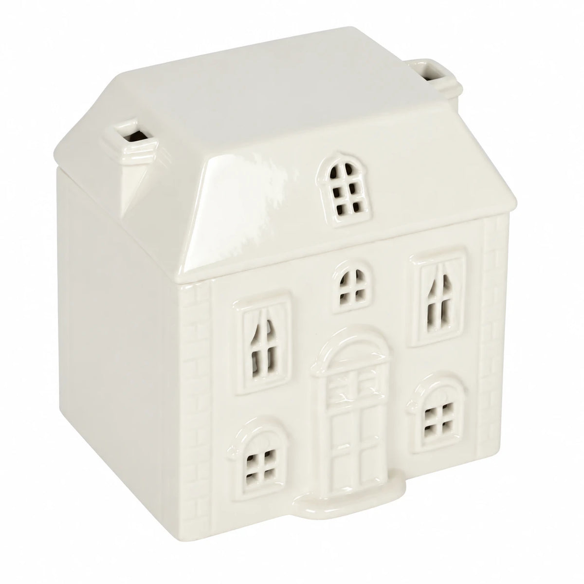 White Ceramic House Wax Melt Oil Burner, three-quarter view of the cream-white house and removable roof against white.