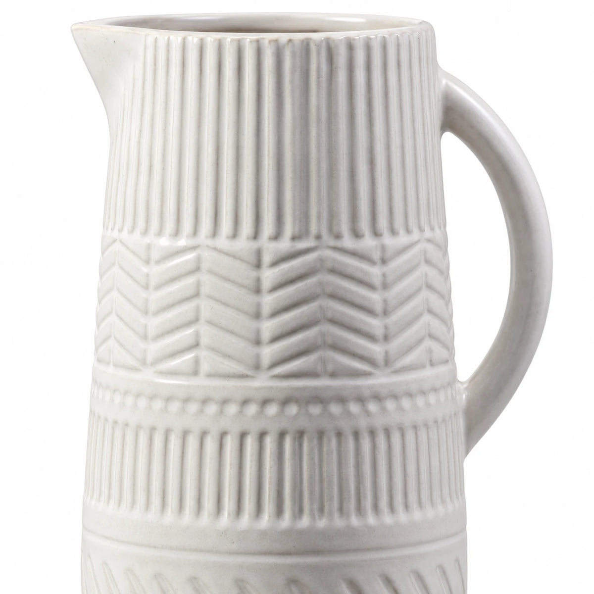 Close-up of the white ceramic jug’s vertical ribbing, chevron relief and small dotted band.