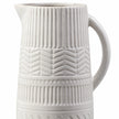 Close-up of the white ceramic jug’s vertical ribbing, chevron relief and small dotted band.