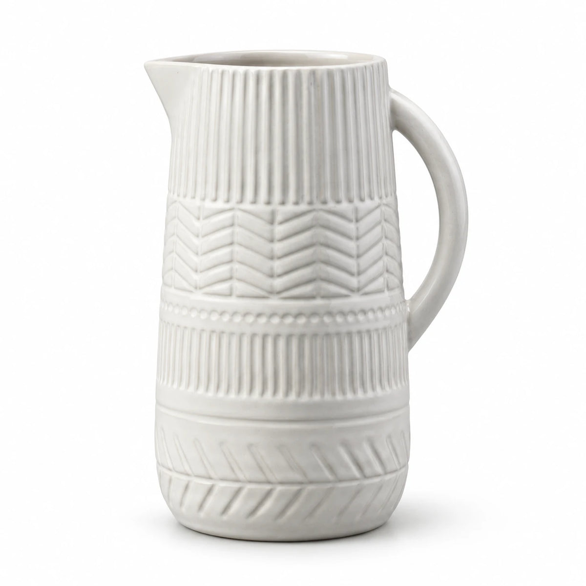White Ceramic Jug Large, full product on white showing ribbed and chevron bands and curved handle.