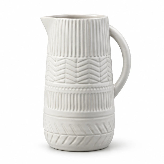 White Ceramic Jug Large, full product on white showing ribbed and chevron bands and curved handle.