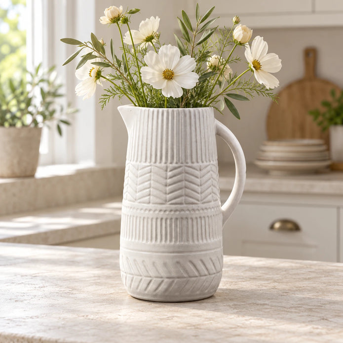 Large white ceramic jug with ribbed and chevron detail styled with cream flowers in a bright kitchen.