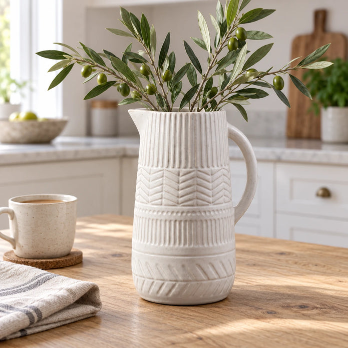White ceramic decorative jug with olive foliage on a light oak kitchen table.