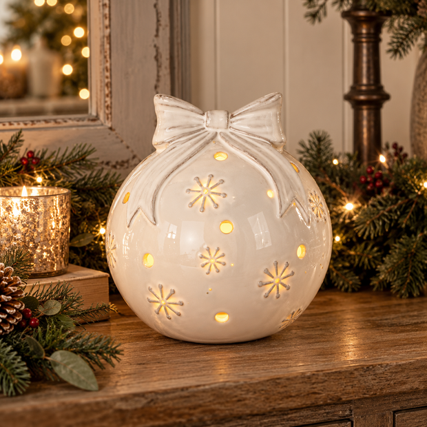 White ceramic LED Christmas bauble with sculpted bow, embossed snowflakes and round light openings styled with festive greenery