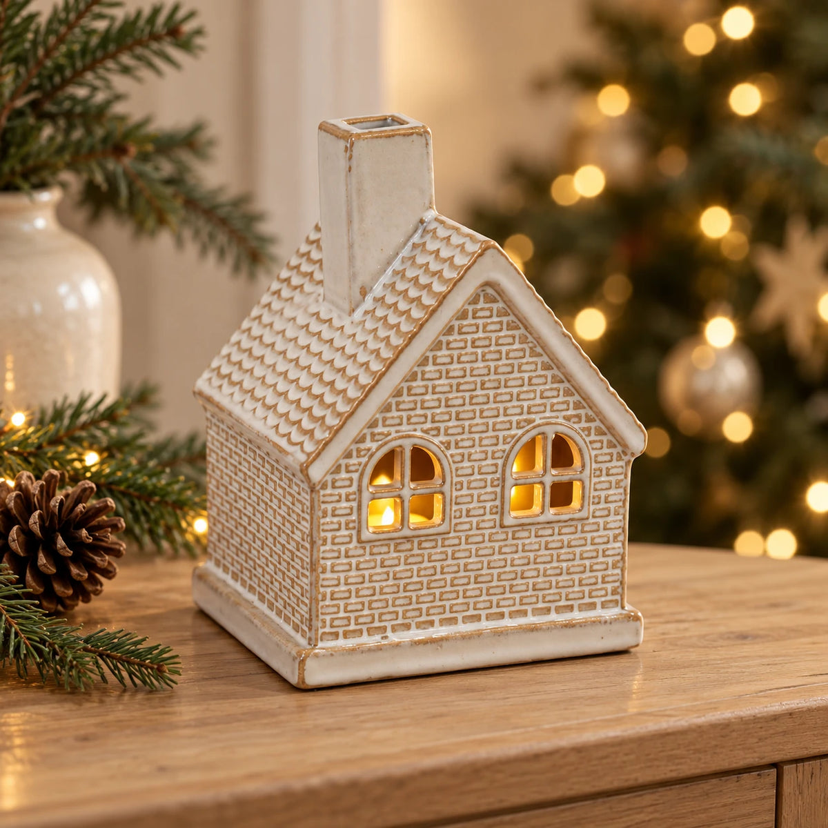 White ceramic LED light-up Christmas cottage by Satchville, featuring a charming holiday scene with illuminated windows.