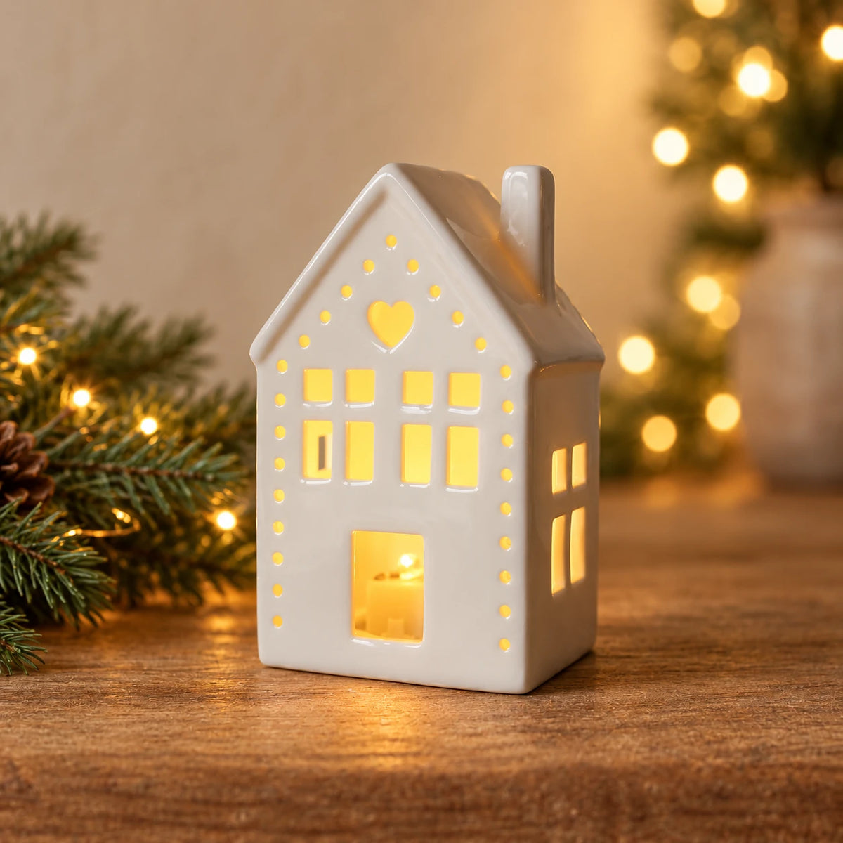 White ceramic LED house with heart Christmas decoration by Gainsborough Giftware x Portland Living