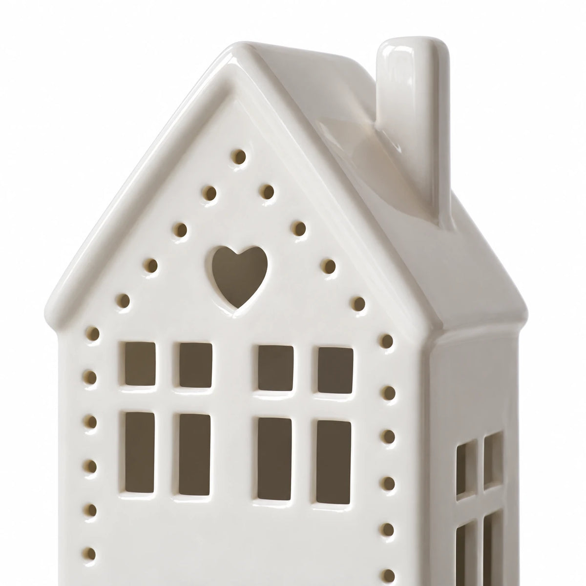 White ceramic Christmas light-up LED house with heart detail by Gainsborough Giftware x Portland Living