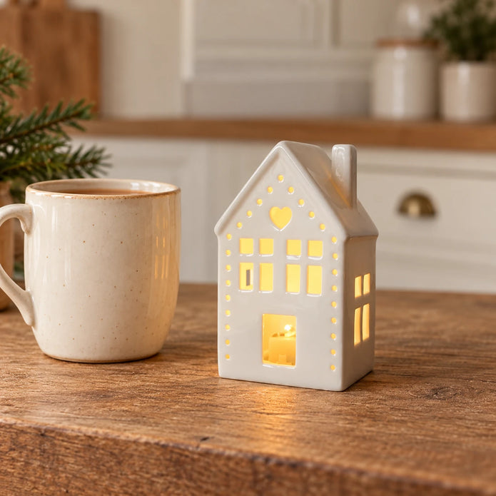 White ceramic Gainsborough Giftware x Portland Living small LED Christmas house with heart detail