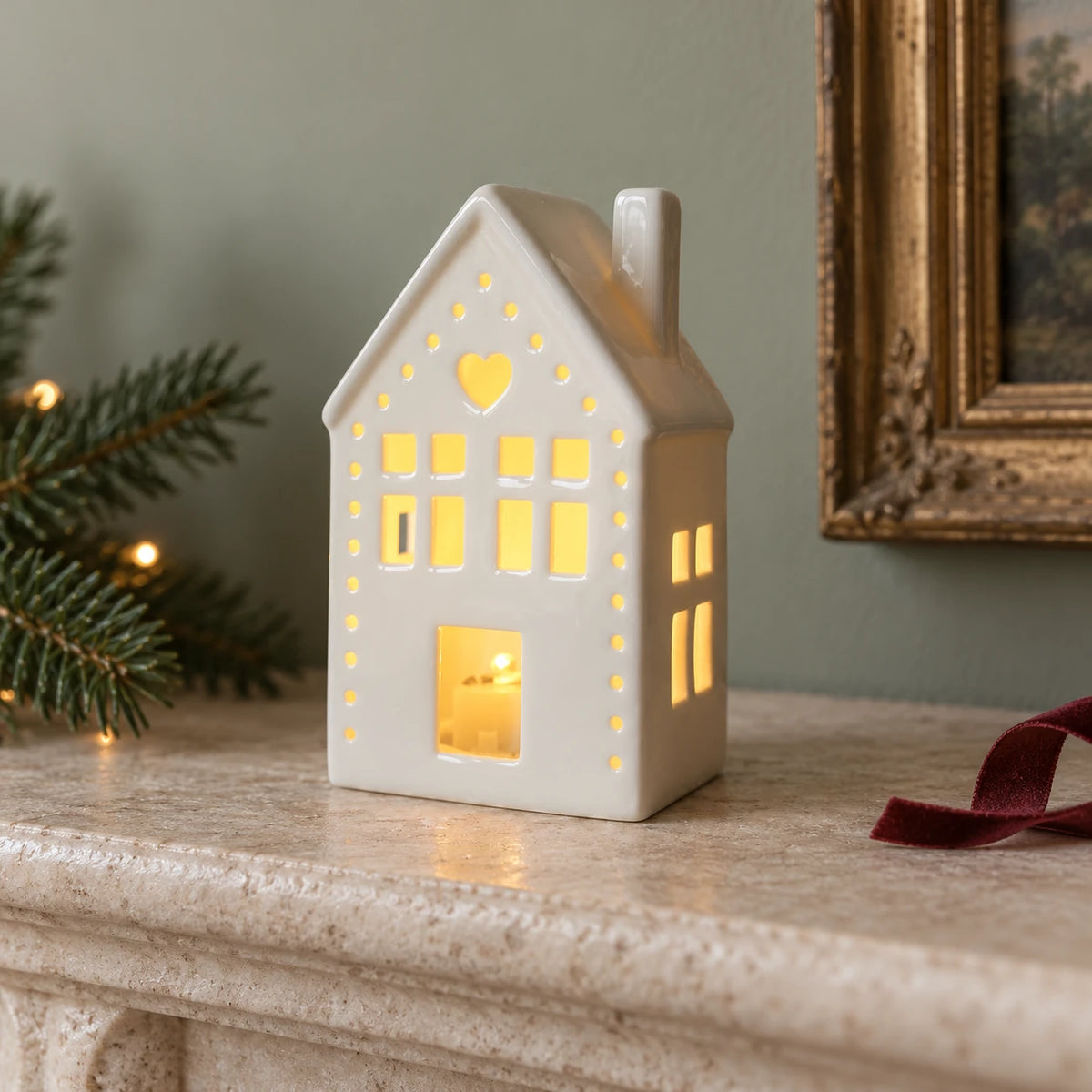 White ceramic LED light-up Christmas house with heart by Gainsborough Giftware x Portland Living