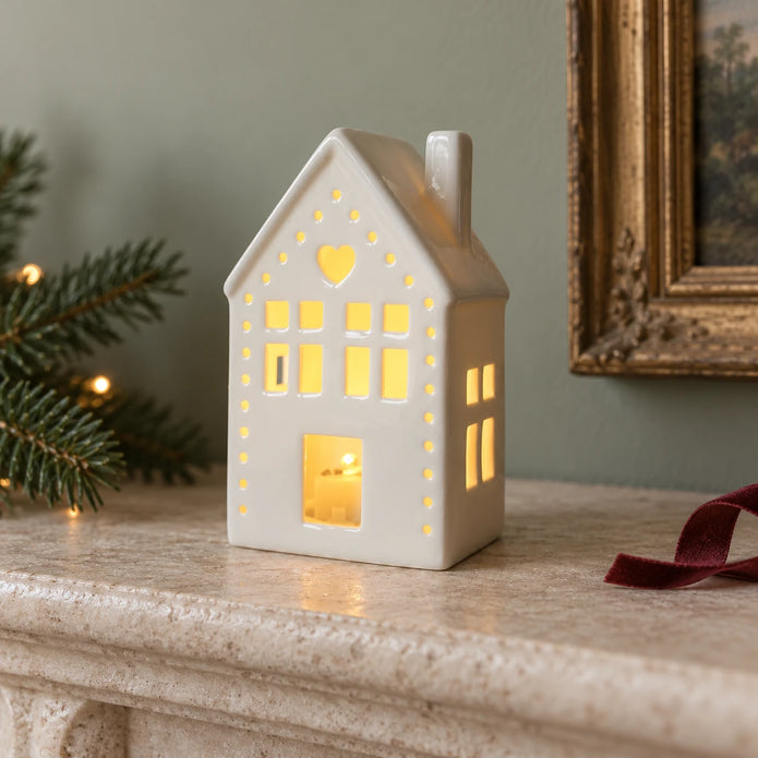 White ceramic LED light-up Christmas house with heart by Gainsborough Giftware x Portland Living