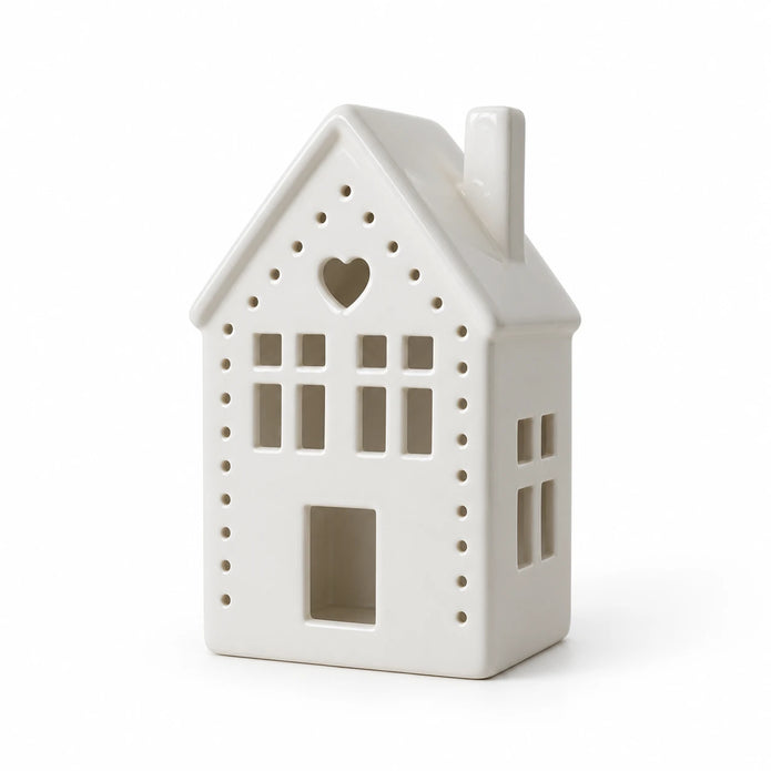 White ceramic Christmas house with heart-shaped window and LED light by Gainsborough Giftware x Portland Living