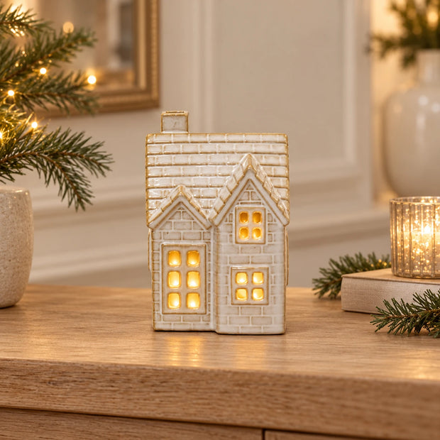White ceramic Satchville Christmas house with warm white LED light, 13cm tabletop decoration