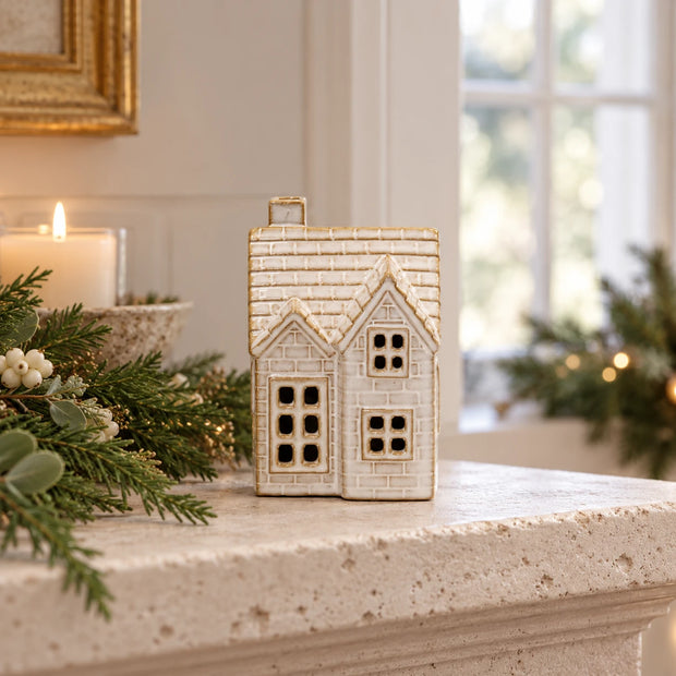 Satchville white ceramic LED Christmas house decoration for mantel, 13cm tall