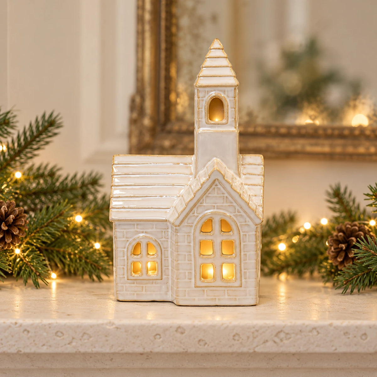 White ceramic LED church decoration for Christmas by Satchville, illuminated with a warm glow and detailed church design.