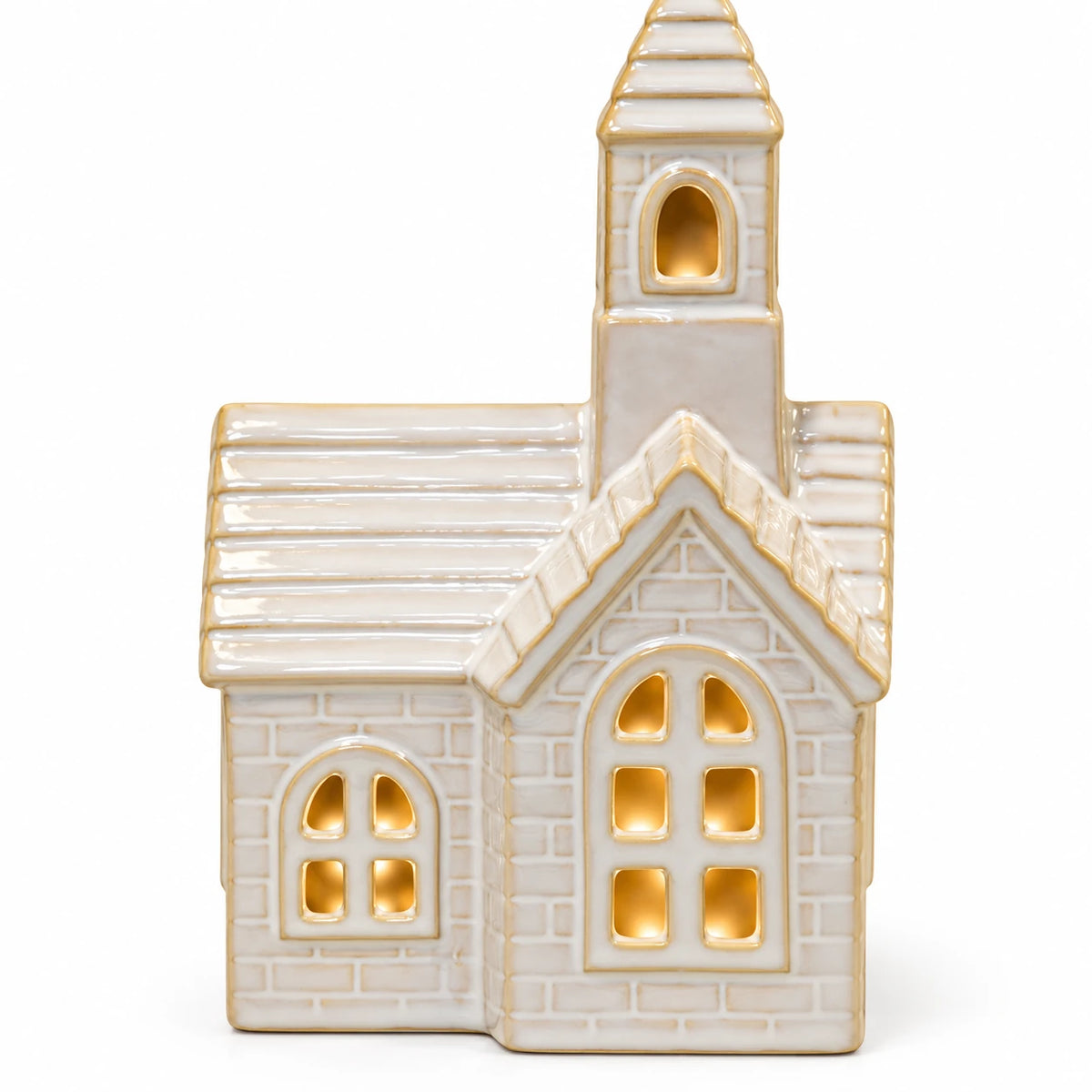 White ceramic LED church decoration for Christmas by Satchville, illuminated with soft light, perfect for holiday decor.