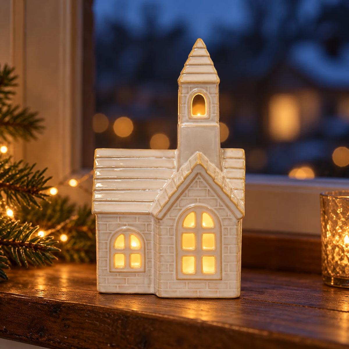 White ceramic LED church ornament from Satchville, lit up with a soft glow, perfect for Christmas decorations.