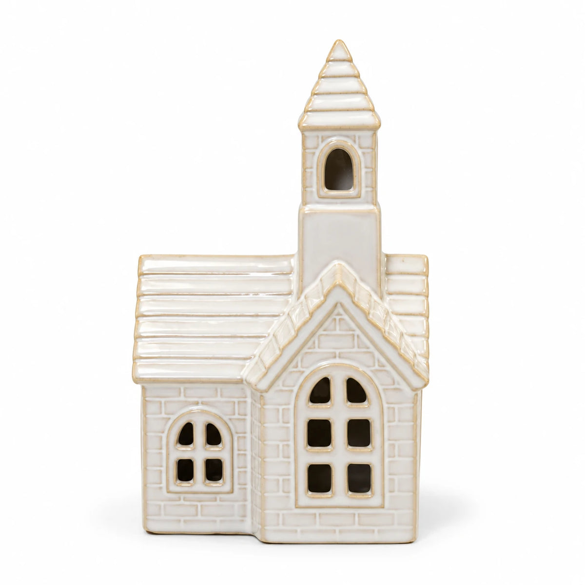 White ceramic LED church ornament for Christmas, illuminated with soft light, by Satchville, perfect for holiday decorating.