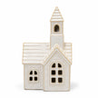 White ceramic LED church ornament for Christmas, illuminated with soft light, by Satchville, perfect for holiday decorating.