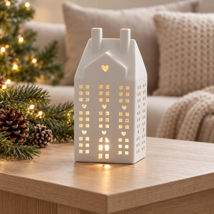 White ceramic matte LED light-up Christmas house by Sifcon, featuring a festive holiday scene with warm illumination.