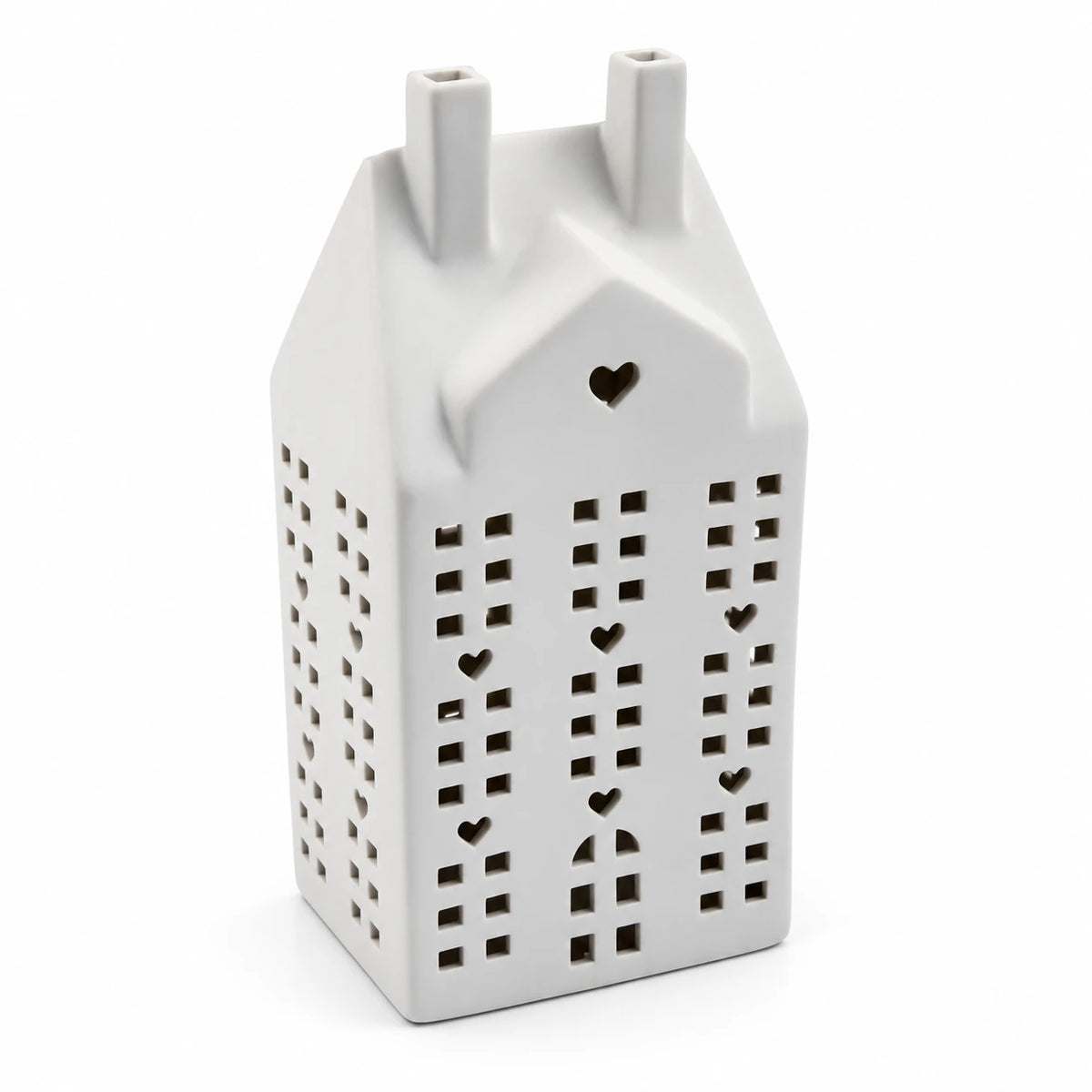 White ceramic matte LED Christmas house by Sifcon, illuminated decorative ceramic holiday light display