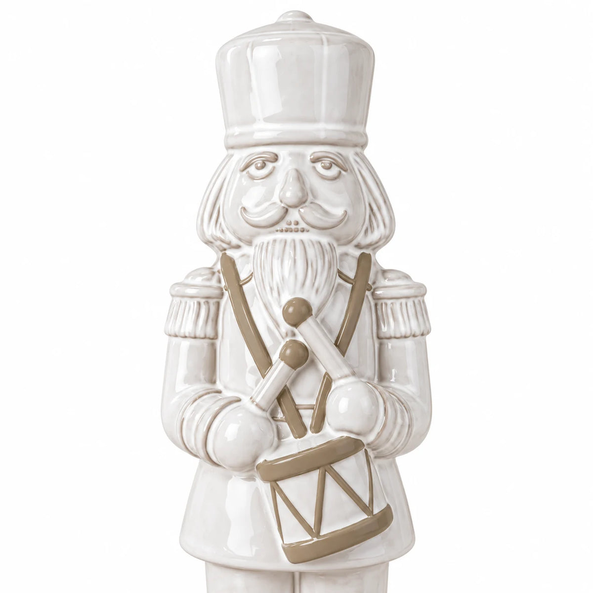 33cm large white glazed ceramic nutcracker drummer close-up showing the sculpted face, hat and drum