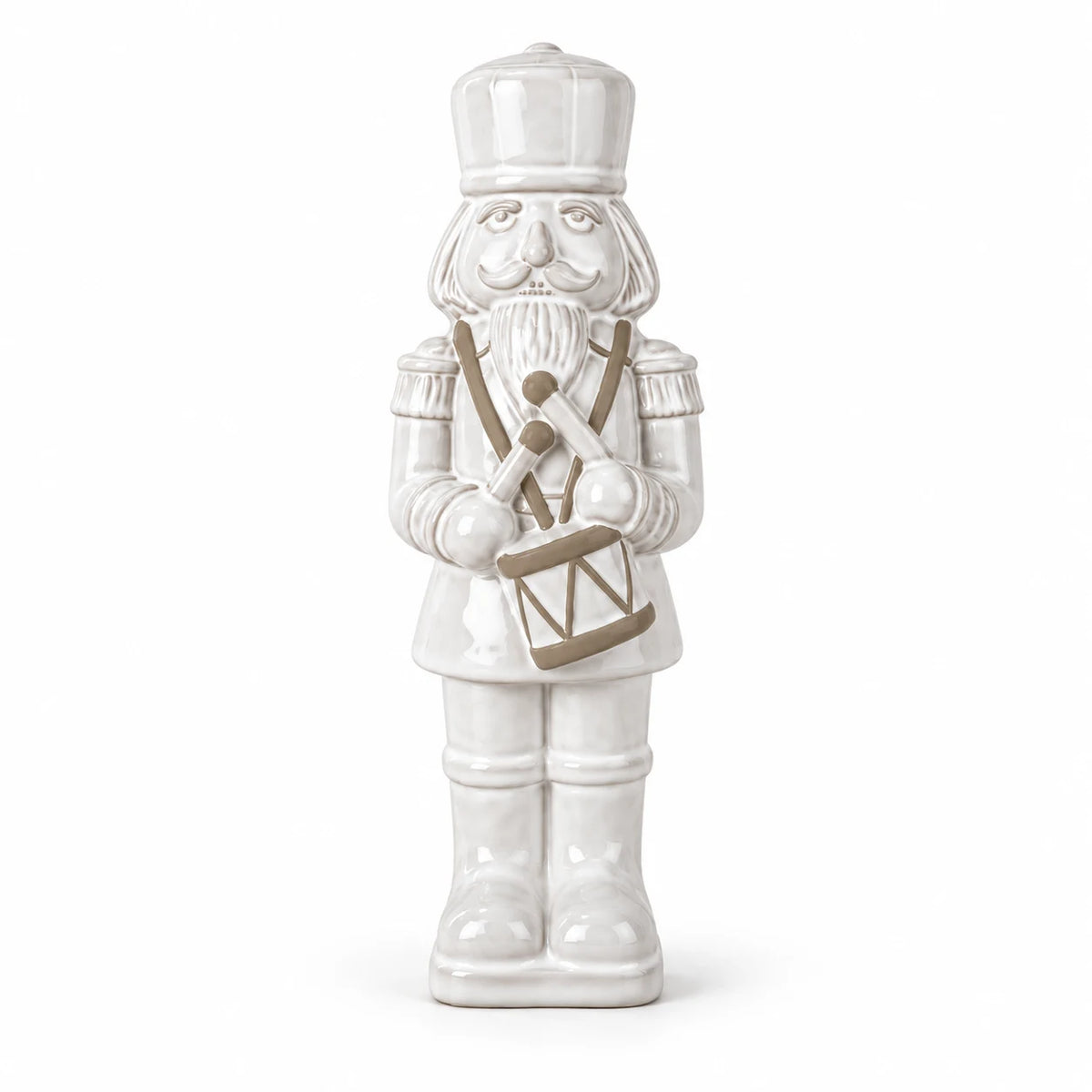 33cm large white glazed ceramic nutcracker drummer shown in full against a white studio background