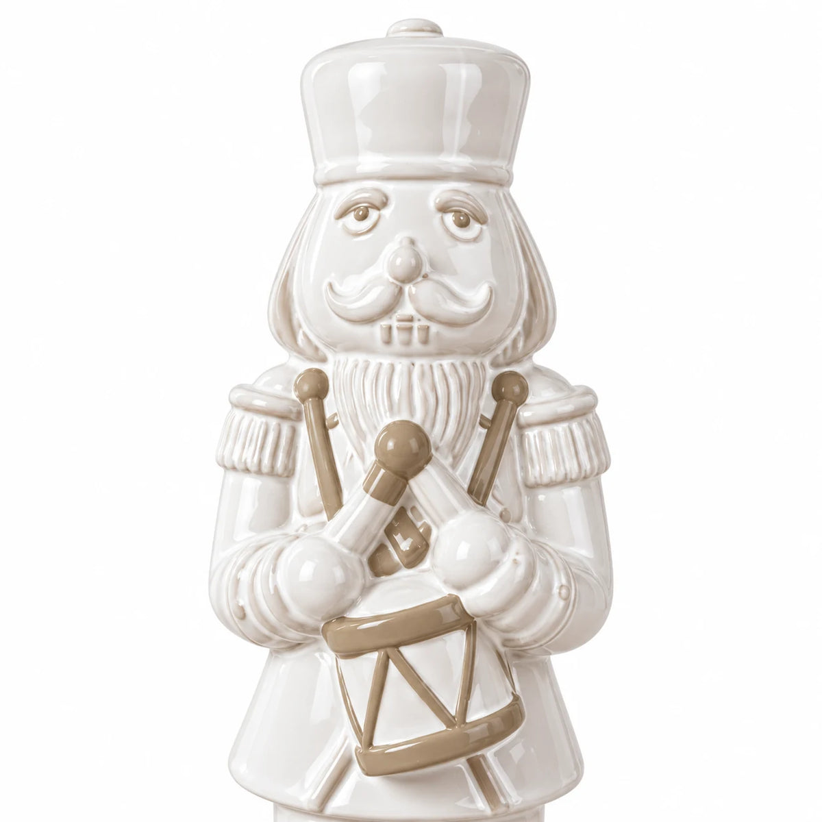26cm medium white glazed ceramic nutcracker drummer close-up showing the sculpted face, hat and drum